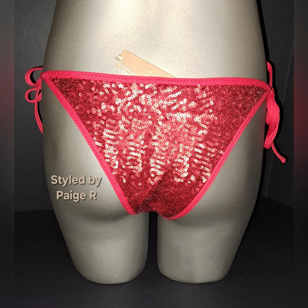 💕NWT SKIMS Swim Bikini Bar Tie Bottoms Swimsuit Swim Suit Red Sequin BRICK S